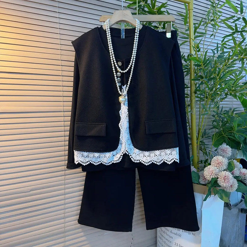 胖妹妹拼接蕾丝边毛呢马甲长袖打底衫阔腿长裤大码女装秋季三件套,淘宝优惠券,粉丝福利购,淘宝优惠卷