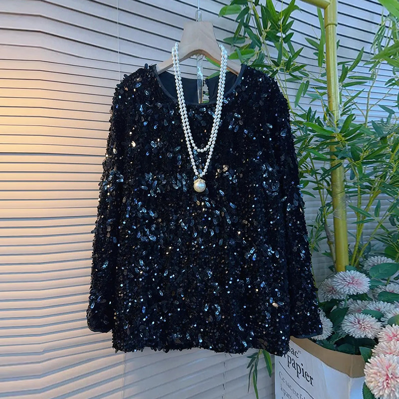 加肥圆领长袖亮片上衣宽松遮肚子大码女装欧洲站洋气减龄百搭小衫,淘宝优惠券,粉丝福利购,淘宝优惠卷