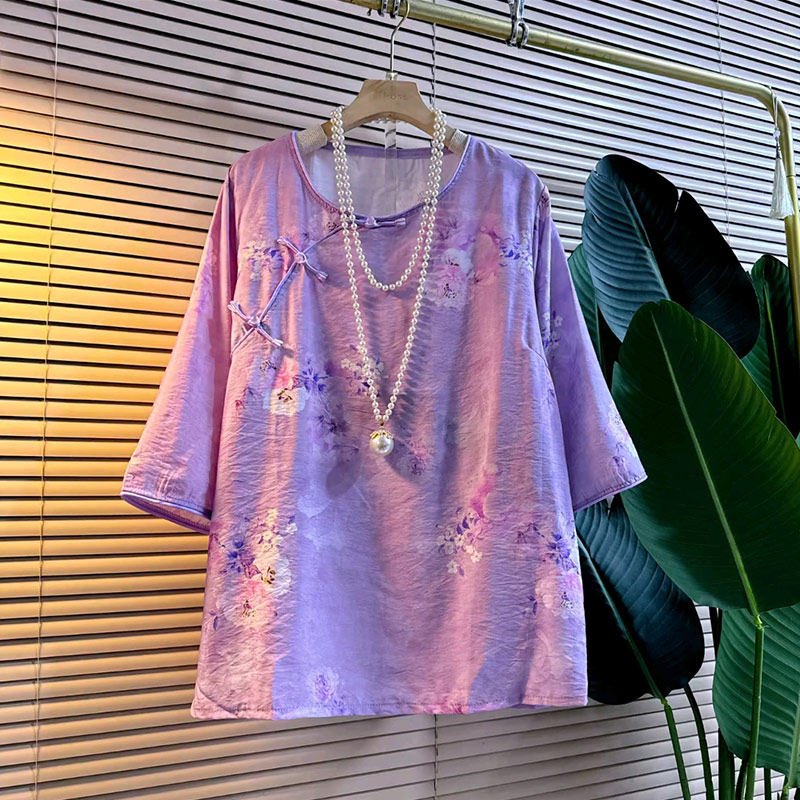 胖MM加肥盘扣花朵圆领上衣宽松遮肚子大码女装法式复古风百搭小衫,淘宝优惠券,粉丝福利购,淘宝优惠卷