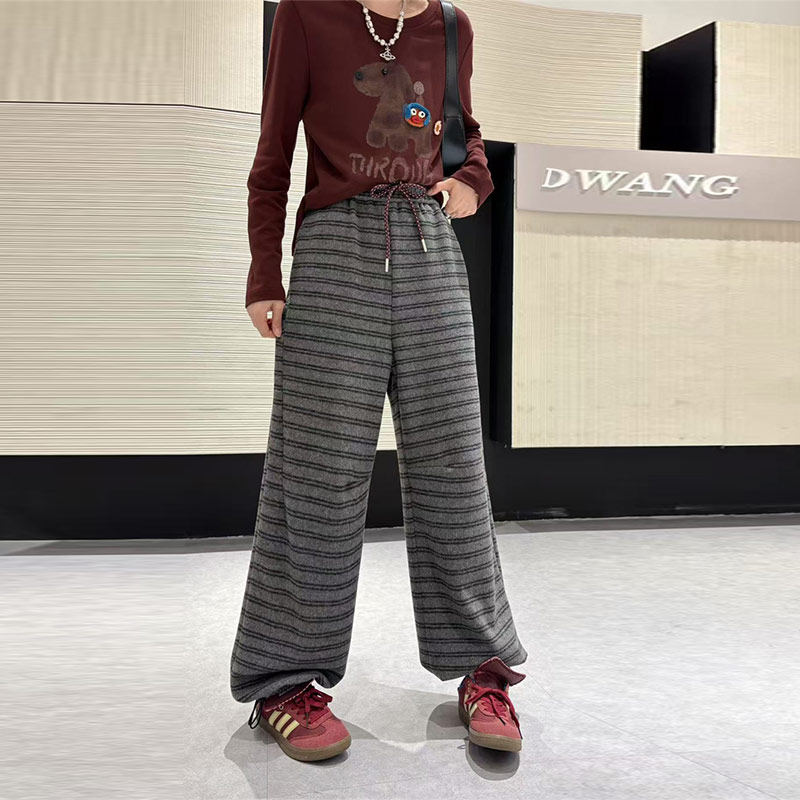 胖MM加肥松紧腰条纹长裤大码女装秋冬款宽松遮胯百搭显瘦休闲裤子,淘宝优惠券,粉丝福利购,淘宝优惠卷