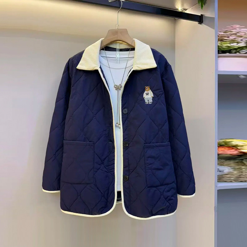 胖妹妹拼色翻领菱形格夹棉外套韩版大码女装纯色简约百搭轻薄棉服,淘宝优惠券,粉丝福利购,淘宝优惠卷