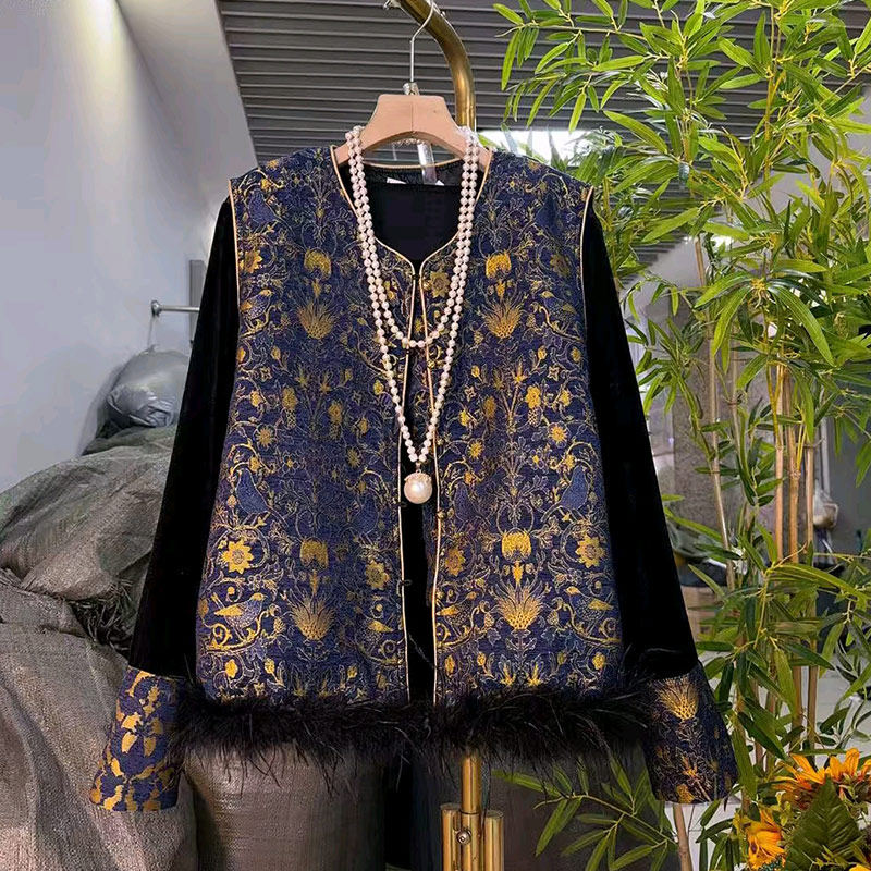 加肥毛毛暗花国风马甲拼色袖口小衫加肥大码女装复古风显瘦两件套,淘宝优惠券,粉丝福利购,淘宝优惠卷