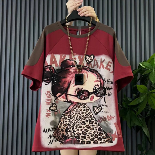 胖妹妹圆领短袖卡通图案T恤衫大码女装韩版秋冬款学院风百搭上衣 - 图0