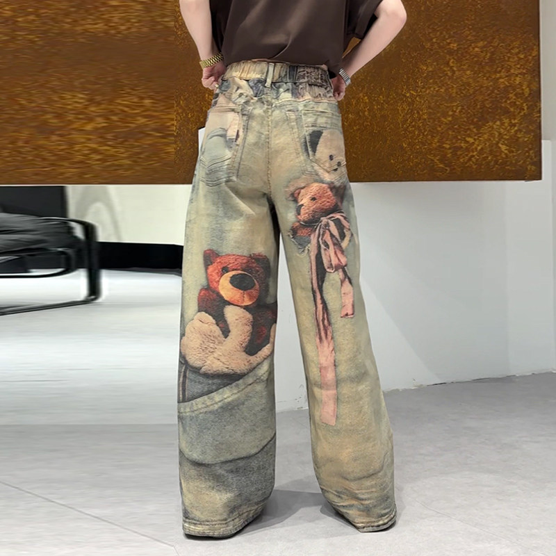加肥女后腰松紧卡通图案牛仔长裤胖妹妹气质街头欧货洋气阔腿裤子,淘宝优惠券,粉丝福利购,淘宝优惠卷