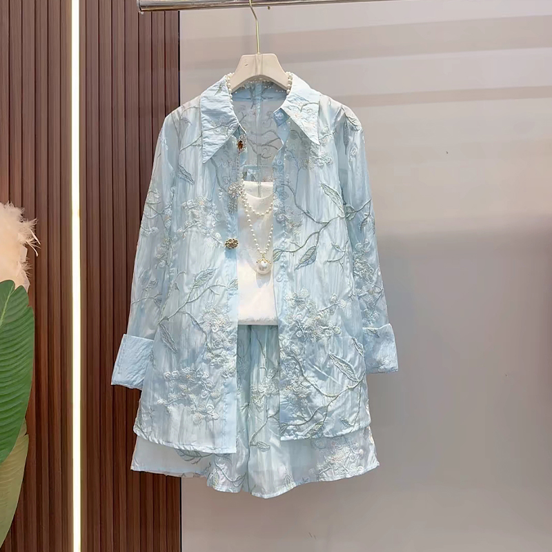 加肥胖妹妹翻领长袖防晒衬衫短裤大码女装韩版夏季款显瘦两件套潮 - 图2