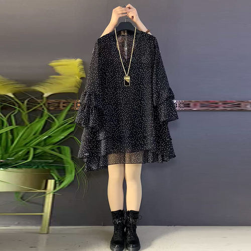 胖妹妹加肥V领长袖点点大衫宽松遮肚子大码女装轻熟风百搭上衣潮 - 图1