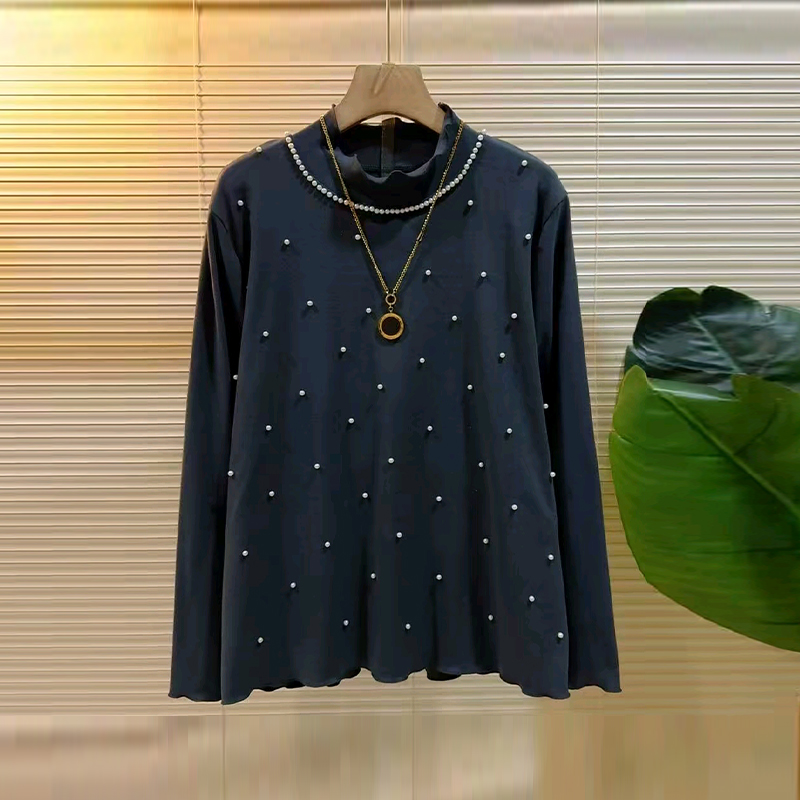 加肥立领钉珠边长袖小衫2025秋冬款韩版大码女装简约百搭打底上衣 - 图1