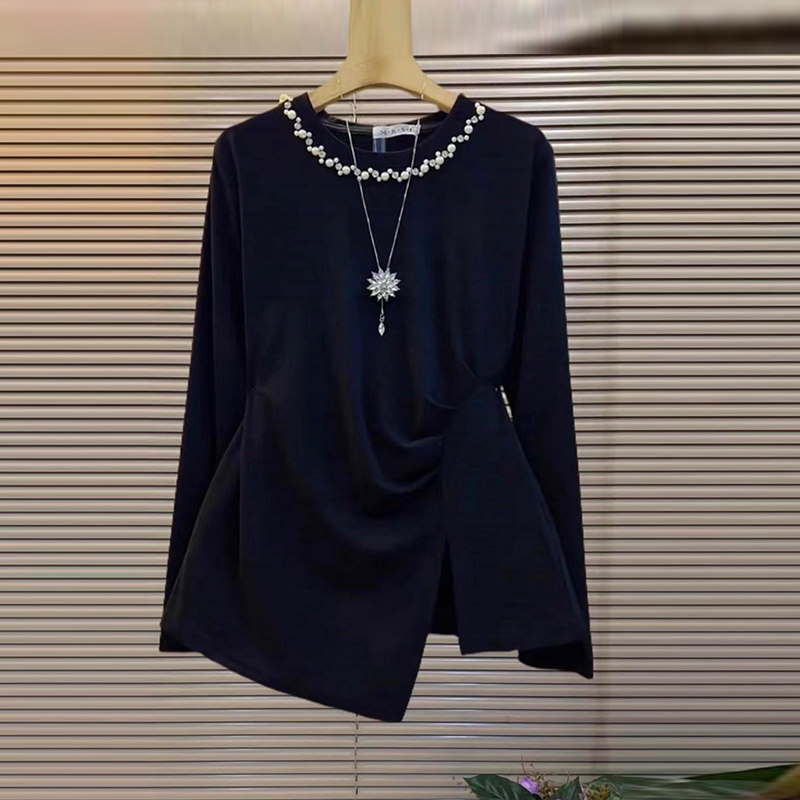 胖妹妹加肥圆领钉珠边侧压褶长袖小衫大码女装轻熟风显瘦黑色上衣,淘宝优惠券,粉丝福利购,淘宝优惠卷