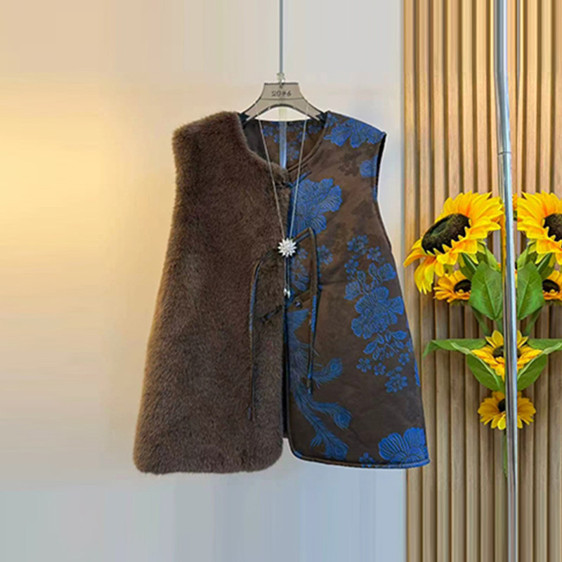 大码女装毛毛拼接花朵AB版国风马甲胖妹妹秋冬款高领长袖暗花小衫,淘宝优惠券,粉丝福利购,淘宝优惠卷