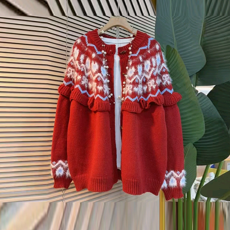 加肥女拼色花朵肩长袖针织毛衣胖妹妹2026新年冬季款洋气百搭外套,淘宝优惠券,粉丝福利购,淘宝优惠卷