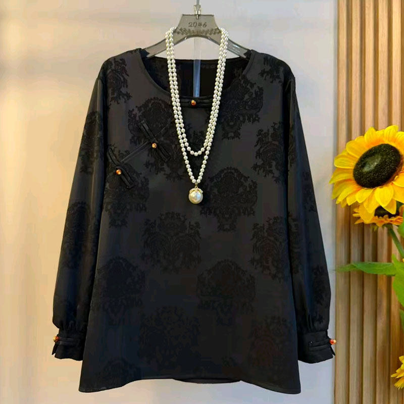 加肥洋气圆领斜盘扣花朵上衣宽松遮肚子大码女装新中式秋季款小衫,淘宝优惠券,粉丝福利购,淘宝优惠卷