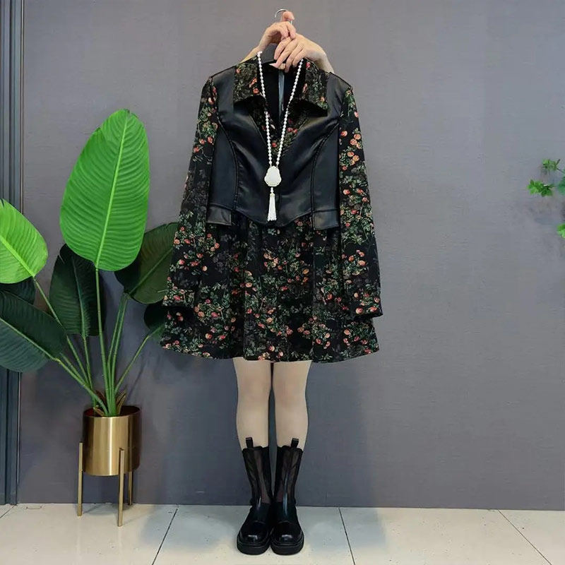 胖MM加肥翻领拼皮马甲假两件碎花上衣大码女装欧洲站2025新款外套,淘宝优惠券,粉丝福利购,淘宝优惠卷