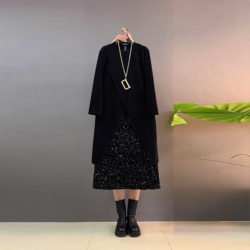 加肥圆领前开叉长袖中长款外套亮片半身裙胖妹妹秋季款休闲两件套,淘宝优惠券,粉丝福利购,淘宝优惠卷