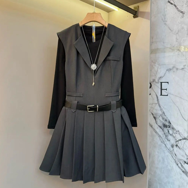 胖MM加肥长袖打底纱腰带百褶裙摆马甲裙大码女装秋季款通勤两件套,淘宝优惠券,粉丝福利购,淘宝优惠卷