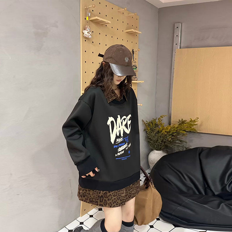 加肥拼接豹纹翻领长袖假两件加绒卫衣宽松遮肚子大码女装休闲上衣,淘宝优惠券,粉丝福利购,淘宝优惠卷
