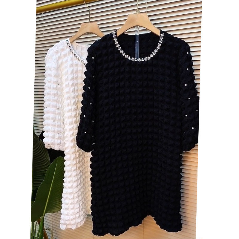 大码女装个性设计加肥中长款纯色裙子胖MM圆领烫钻泡泡格棉连衣裙,淘宝优惠券,粉丝福利购,淘宝优惠卷