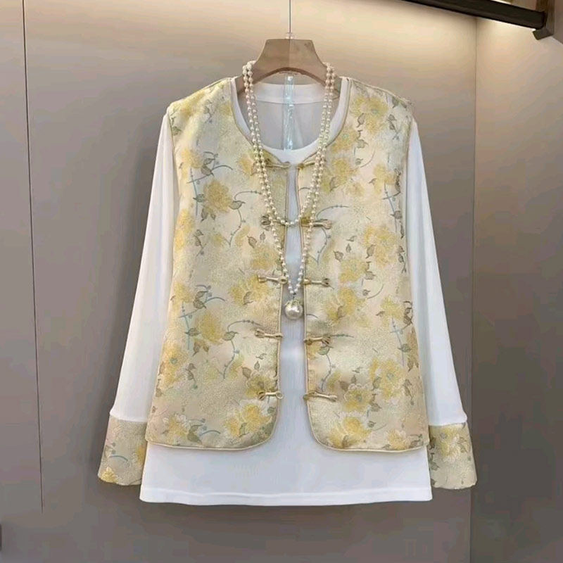 大码女装盘扣花朵国风马甲拼色袖口打底衫胖妹妹新中式洋气两件套,淘宝优惠券,粉丝福利购,淘宝优惠卷