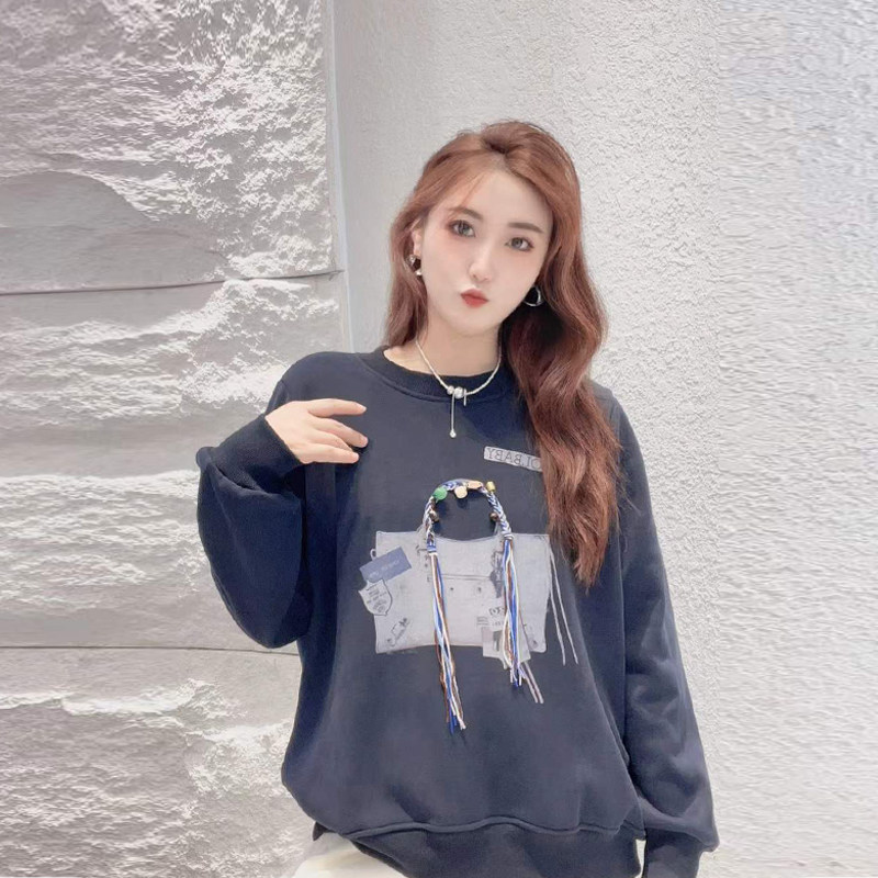 韩版胖妹妹圆领流苏图案长袖上衣学院风甜美大码女装减龄百搭卫衣,淘宝优惠券,粉丝福利购,淘宝优惠卷
