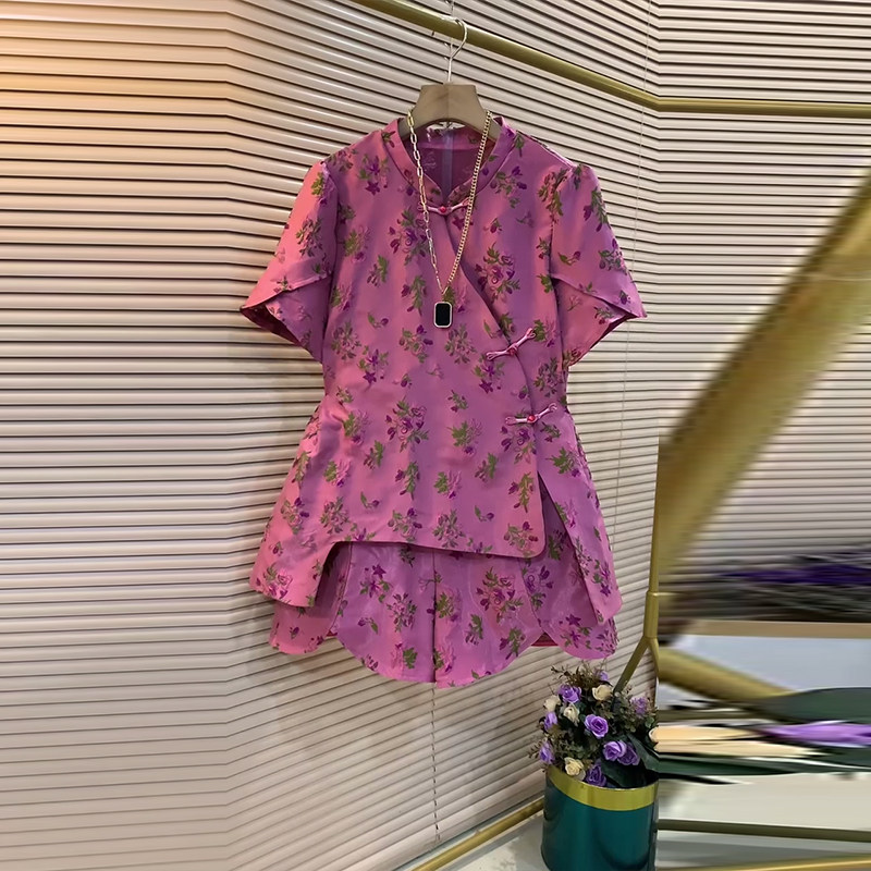 大码女装立领不规则底摆盘扣短袖上衣胖妹妹夏季款松紧腰花朵短裤,淘宝优惠券,粉丝福利购,淘宝优惠卷