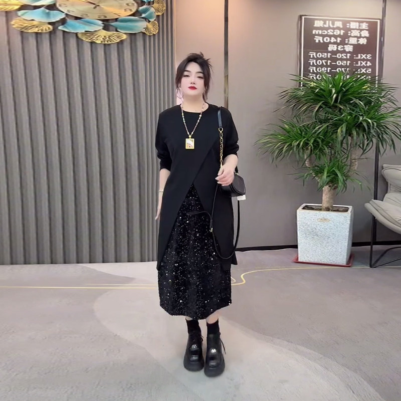加大码女装圆领长袖交叉底摆外套亮片半身裙胖妹妹时尚显瘦两件套,淘宝优惠券,粉丝福利购,淘宝优惠卷