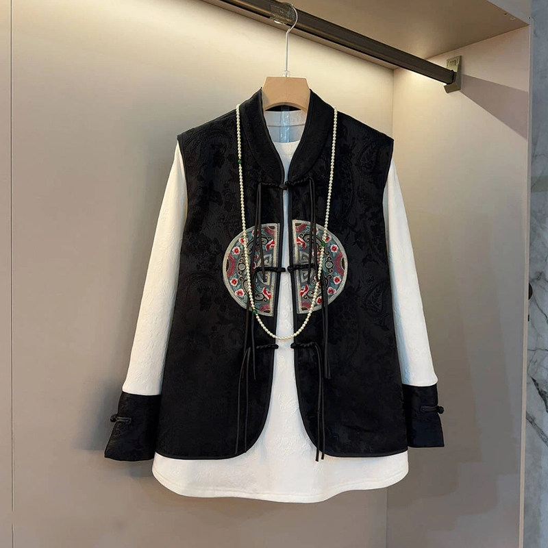 胖妹妹立领流苏盘扣国风马甲拼色袖口暗花小衫大码女装法式两件套,淘宝优惠券,粉丝福利购,淘宝优惠卷