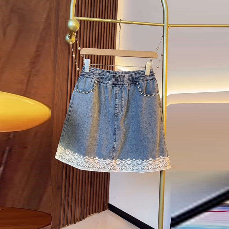 胖妹妹拼接蕾丝底摆松紧腰牛仔裙大码女装夏季款宽松遮胯欧货短裙,淘宝优惠券,粉丝福利购,淘宝优惠卷