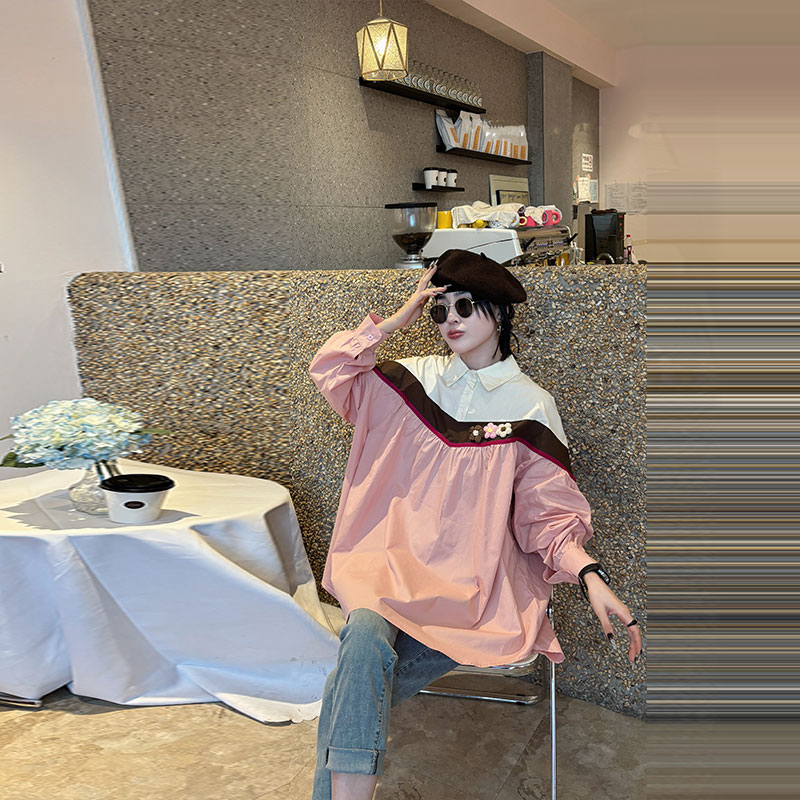 加肥翻领彩色花朵拼接撞色时尚韩版减龄长袖上衣胖MM小众设计衬衫 - 图2