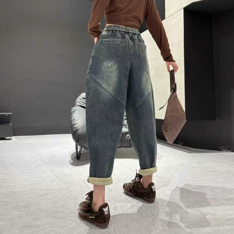 加肥紧腰压线哈伦牛仔加绒裤子2025秋冬款欧货洋气大码女装休闲裤,淘宝优惠券,粉丝福利购,淘宝优惠卷