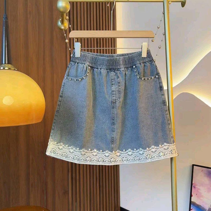胖妹妹拼接蕾丝底摆松紧腰牛仔裙大码女装夏季款宽松遮胯欧货短裙,淘宝优惠券,粉丝福利购,淘宝优惠卷