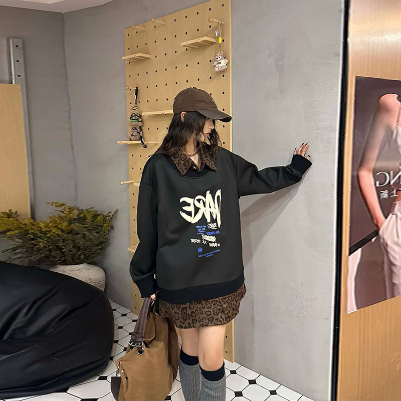 加肥拼接豹纹翻领长袖假两件加绒卫衣宽松遮肚子大码女装休闲上衣,淘宝优惠券,粉丝福利购,淘宝优惠卷