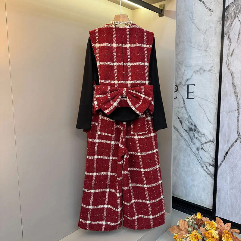 胖妹妹V领格子蝴蝶结马甲高领长袖打底衫阔腿裤气质设计感三件套,淘宝优惠券,粉丝福利购,淘宝优惠卷