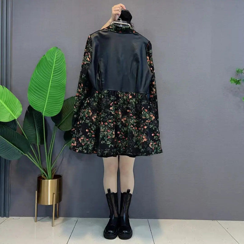 胖MM加肥翻领拼皮马甲假两件碎花上衣大码女装欧洲站2025新款外套,淘宝优惠券,粉丝福利购,淘宝优惠卷