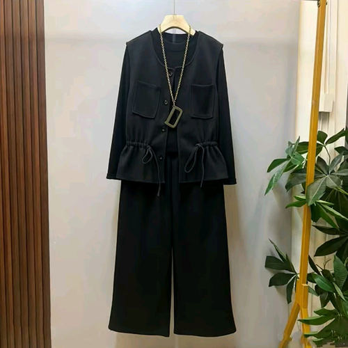 胖妹妹收腰抽绳马甲长袖打底衫阔腿长裤2026秋季款大码女装三件套 - 图3