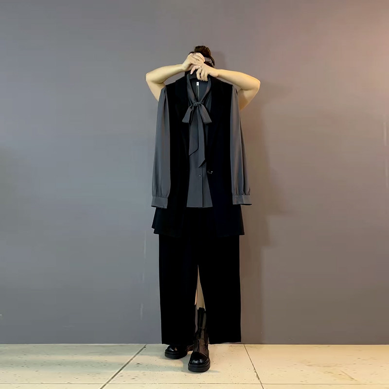 大码女装西服马甲立领系带长袖打底衫黑色裤子胖妹妹通勤风三件套,淘宝优惠券,粉丝福利购,淘宝优惠卷