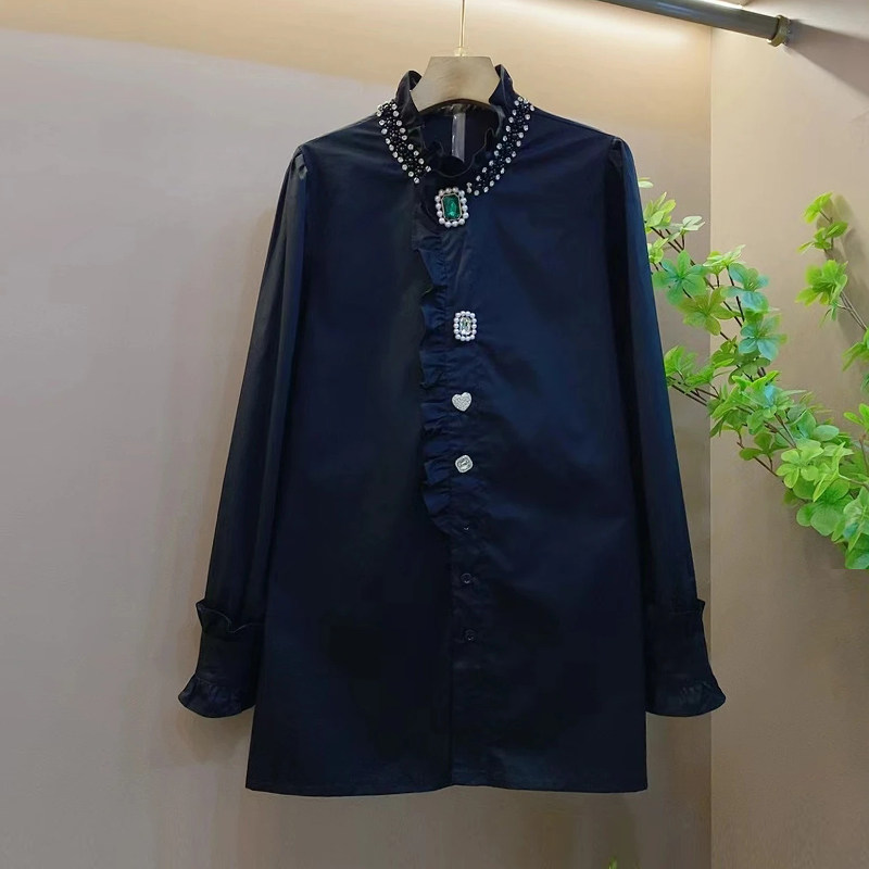 大码女装立领钉珠荷叶边长袖衬衫法式气质通勤洋气胖妹妹百搭上衣,淘宝优惠券,粉丝福利购,淘宝优惠卷