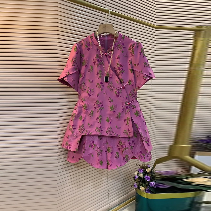 大码女装立领不规则底摆盘扣短袖上衣胖妹妹夏季款松紧腰花朵短裤,淘宝优惠券,粉丝福利购,淘宝优惠卷