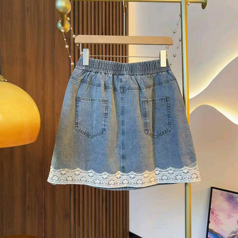 胖妹妹拼接蕾丝底摆松紧腰牛仔裙大码女装夏季款宽松遮胯欧货短裙,淘宝优惠券,粉丝福利购,淘宝优惠卷
