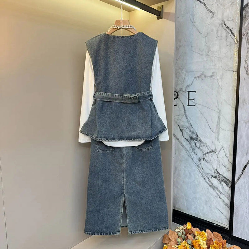 加肥大码女装圆领长袖打底衫胖妹妹V领腰带马甲半身裙牛仔两件套,淘宝优惠券,粉丝福利购,淘宝优惠卷