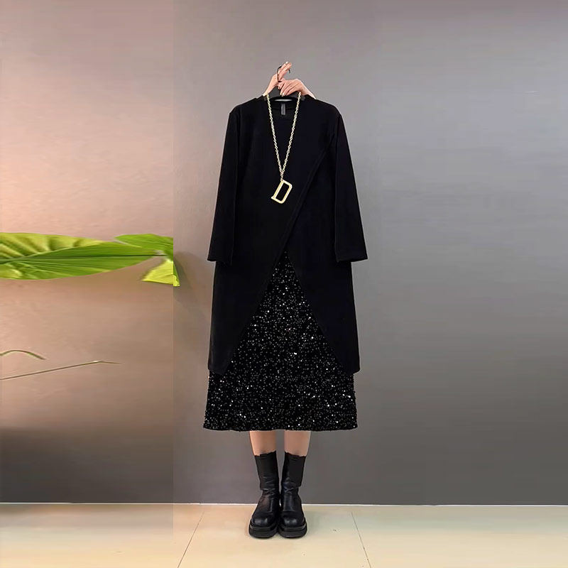 加肥圆领前开叉长袖中长款外套亮片半身裙胖妹妹秋季款休闲两件套,淘宝优惠券,粉丝福利购,淘宝优惠卷