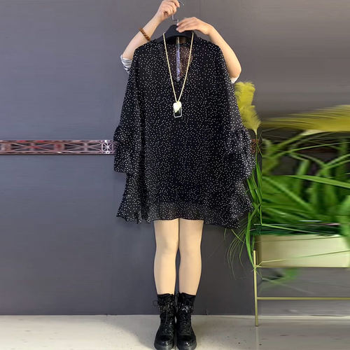 胖妹妹加肥V领长袖点点大衫宽松遮肚子大码女装轻熟风百搭上衣潮 - 图3