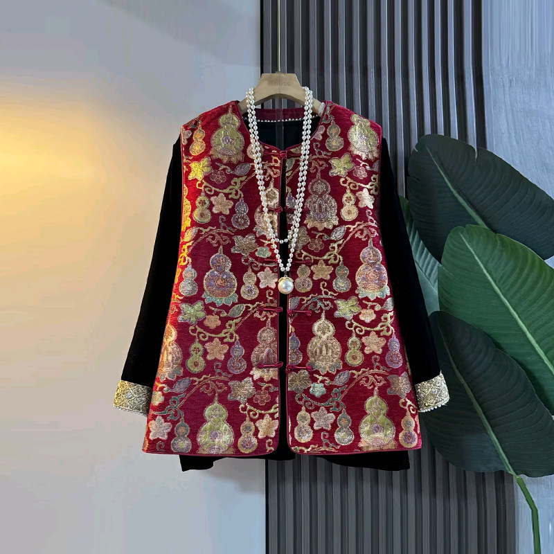 胖MM洋气葫芦花纹盘扣国风马甲加肥大码女装气质显瘦拼色袖口小衫,淘宝优惠券,粉丝福利购,淘宝优惠卷