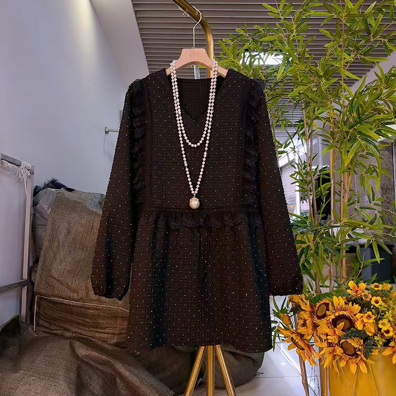 大码女装圆领拼接蕾丝肩收腰满天星连衣裙胖妹妹韩版中长款淑女裙,淘宝优惠券,粉丝福利购,淘宝优惠卷