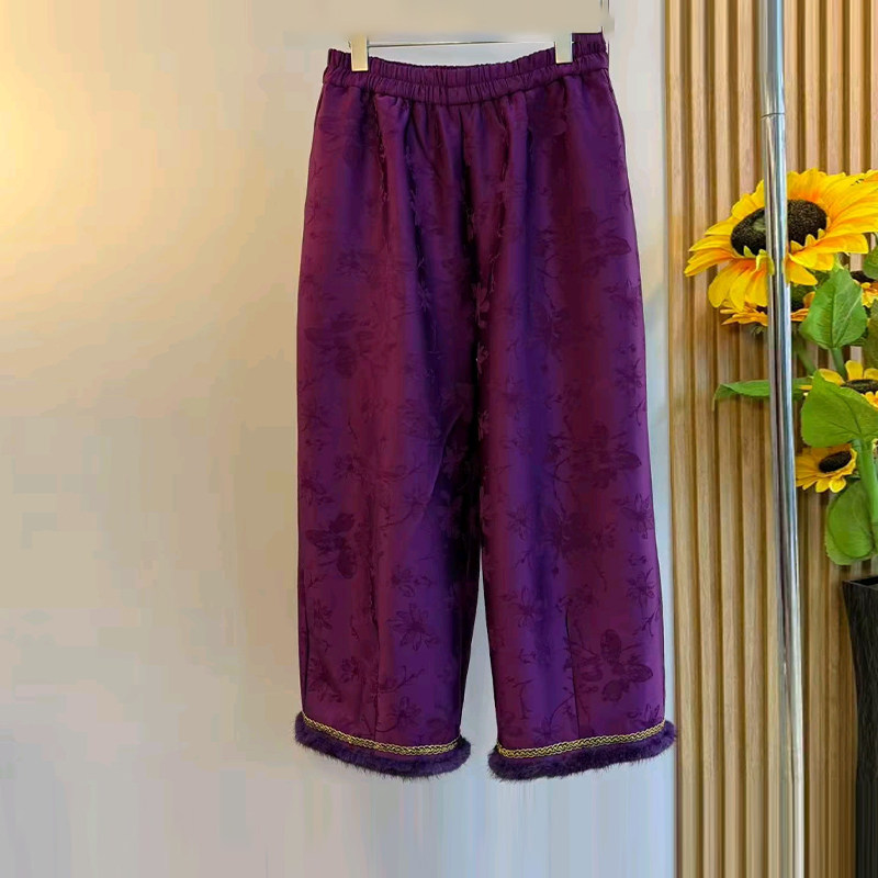 大码女装松紧腰暗花裤脚暗花长裤胖MM法式小众设计新中式洋气裤子,淘宝优惠券,粉丝福利购,淘宝优惠卷