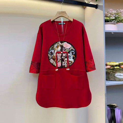 胖MM拼蕾丝袖口流苏扣上衣韩版加肥大码女装宽松遮肚子百搭T恤衫 - 图0