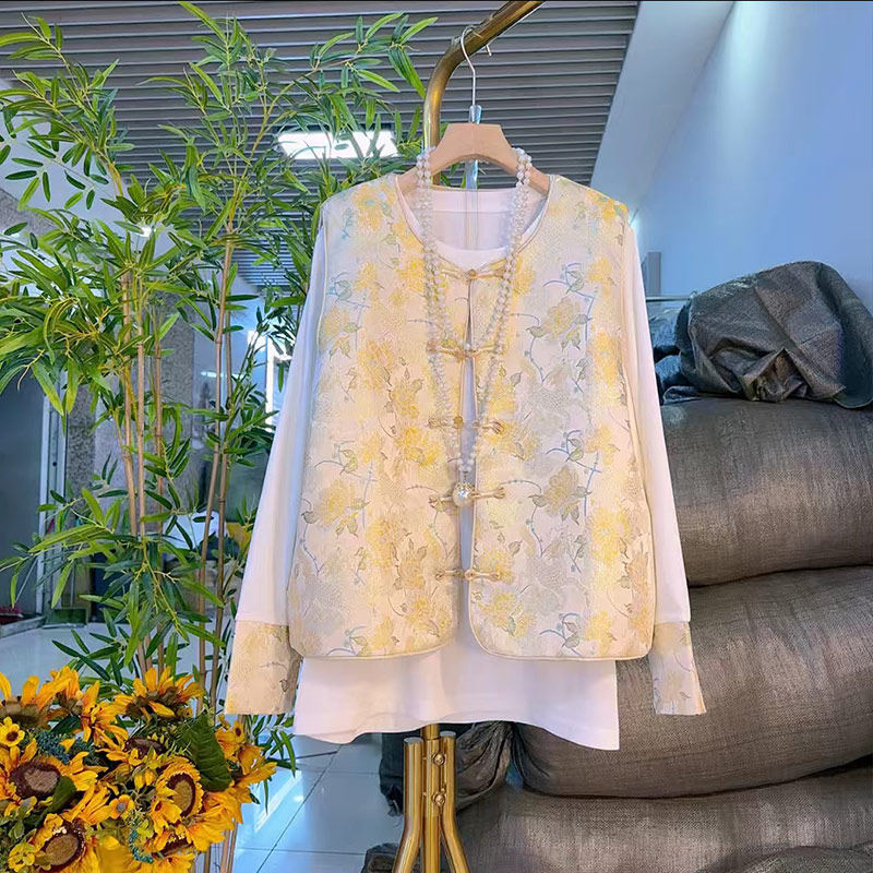 加肥盘扣花朵国风马甲拼色袖口小衫加肥大码女装新中式百搭两件套,淘宝优惠券,粉丝福利购,淘宝优惠卷