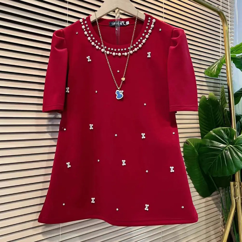 加大码女装欧洲站洋气短袖上衣胖妹妹百搭显瘦钉珠烫钻半袖T恤衫,淘宝优惠券,粉丝福利购,淘宝优惠卷