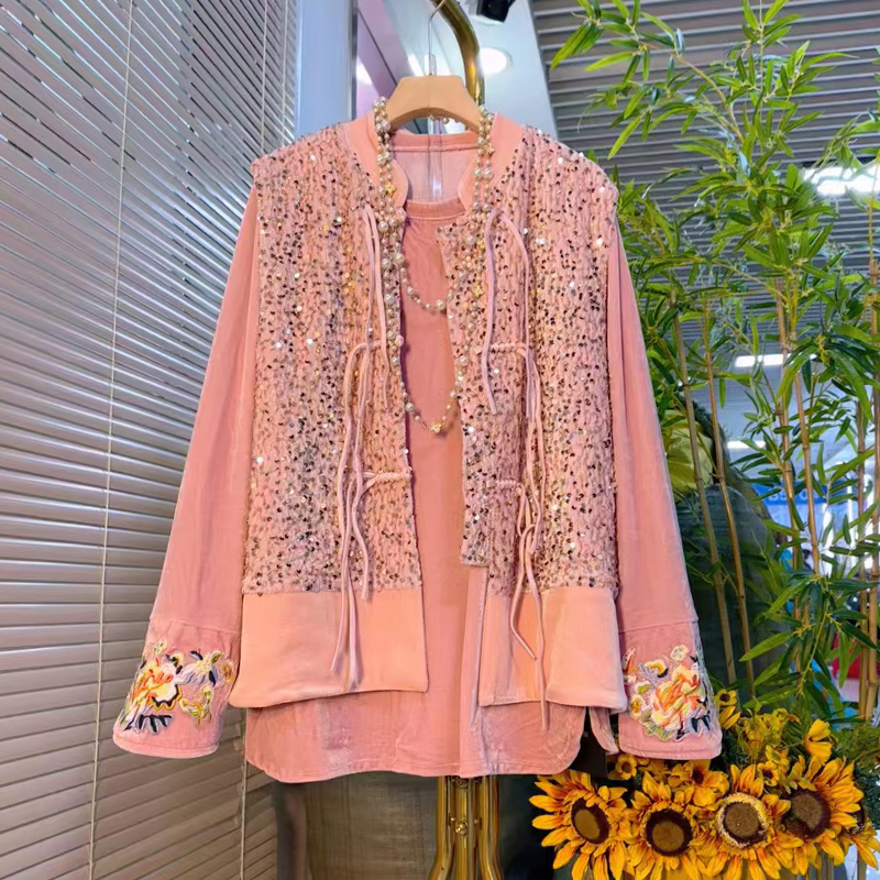 大码女装立领盘扣复古风亮片马甲胖妹妹时尚百搭洋气圆领丝绒小衫,淘宝优惠券,粉丝福利购,淘宝优惠卷