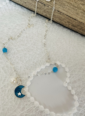 儿童项链锁骨链s925银蓝色滴油月亮珍珠原创设计亲子项链定做