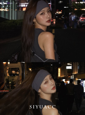 美式灰色宽边条纹发带女辣妹y2k运动健身百搭弹力束发带百搭头带