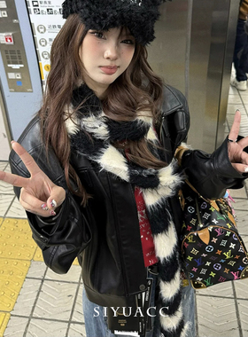 韩系复古黑白条纹毛绒围巾配饰女